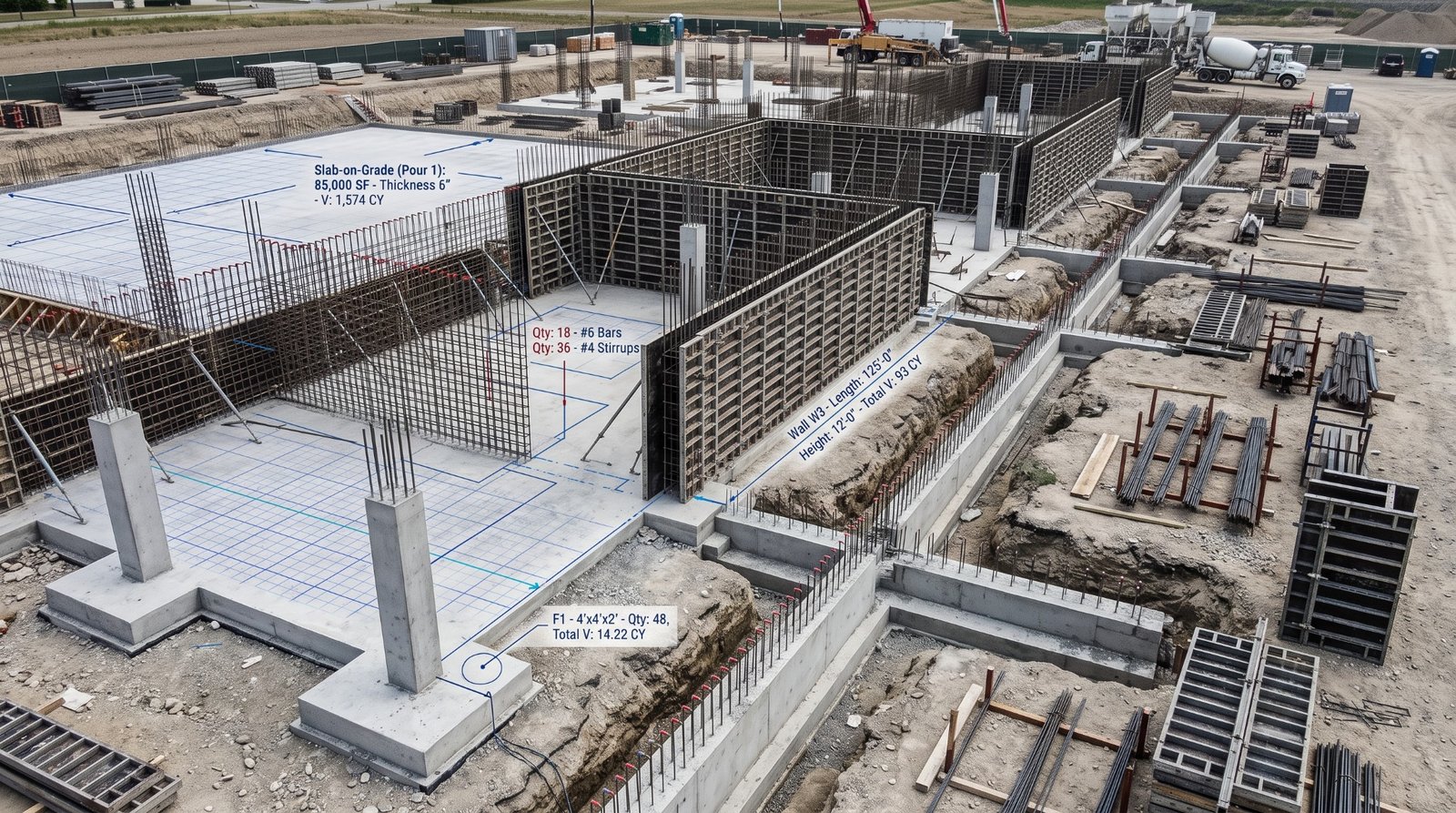 Concrete quantity takeoff plan showing foundation footings, slab thickness, and rebar reinforcement schedule