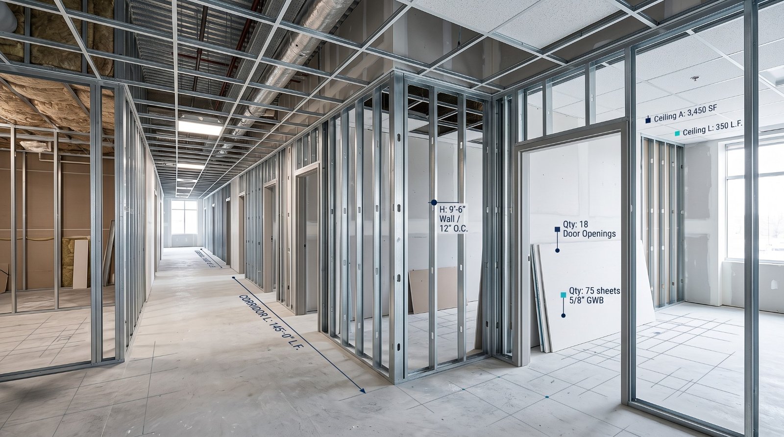 Drywall and steel stud framing architectural plan takeoff with partition height tags and finish schedule markup