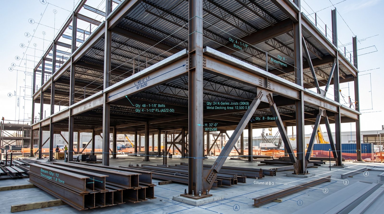 Structural steel fabrication shop drawings and tonnage takeoff schedule for Canadian steel contractors