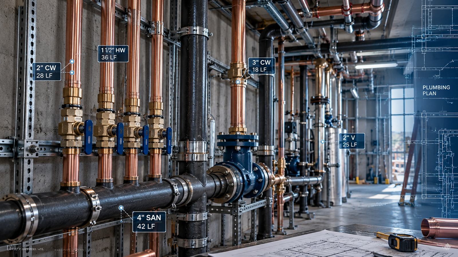 Commercial plumbing pipework and construction plans for estimating